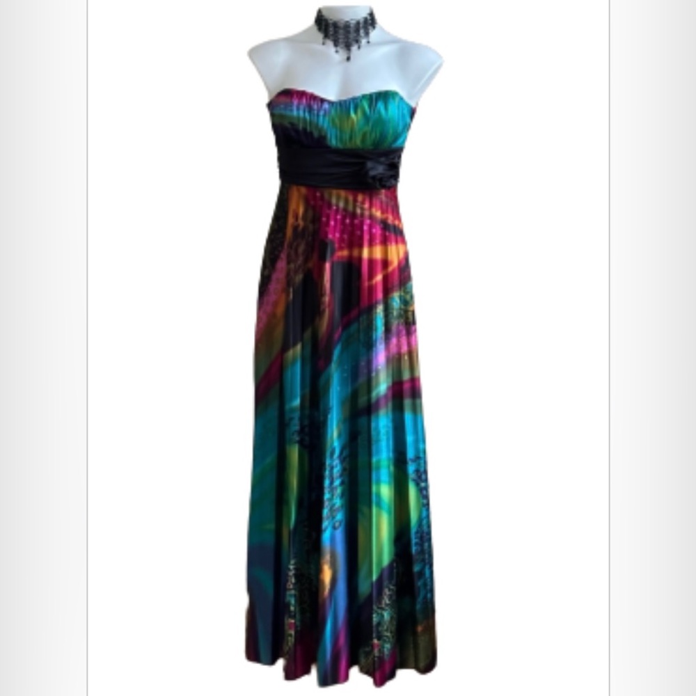 Speechless Vintage Satin Multicolored Strapless,Black Tie Back,Maxi Dress Sz. L
